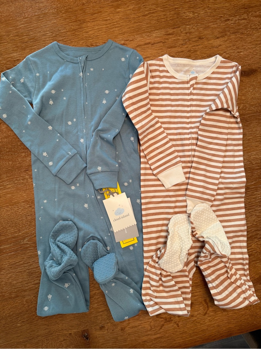 cloud island Blue Star & Tan Stripe Footed One-Pieces (Set of 2)